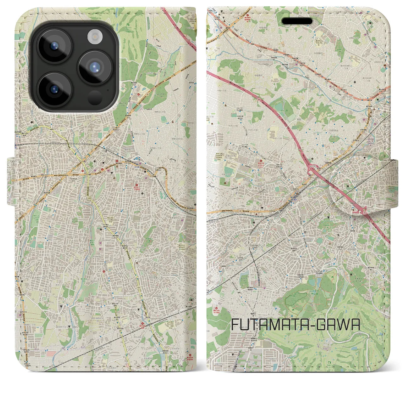【二俣川】地図柄iPhoneケース（手帳両面タイプ・ナチュラル）iPhone 15 Pro Max 用
