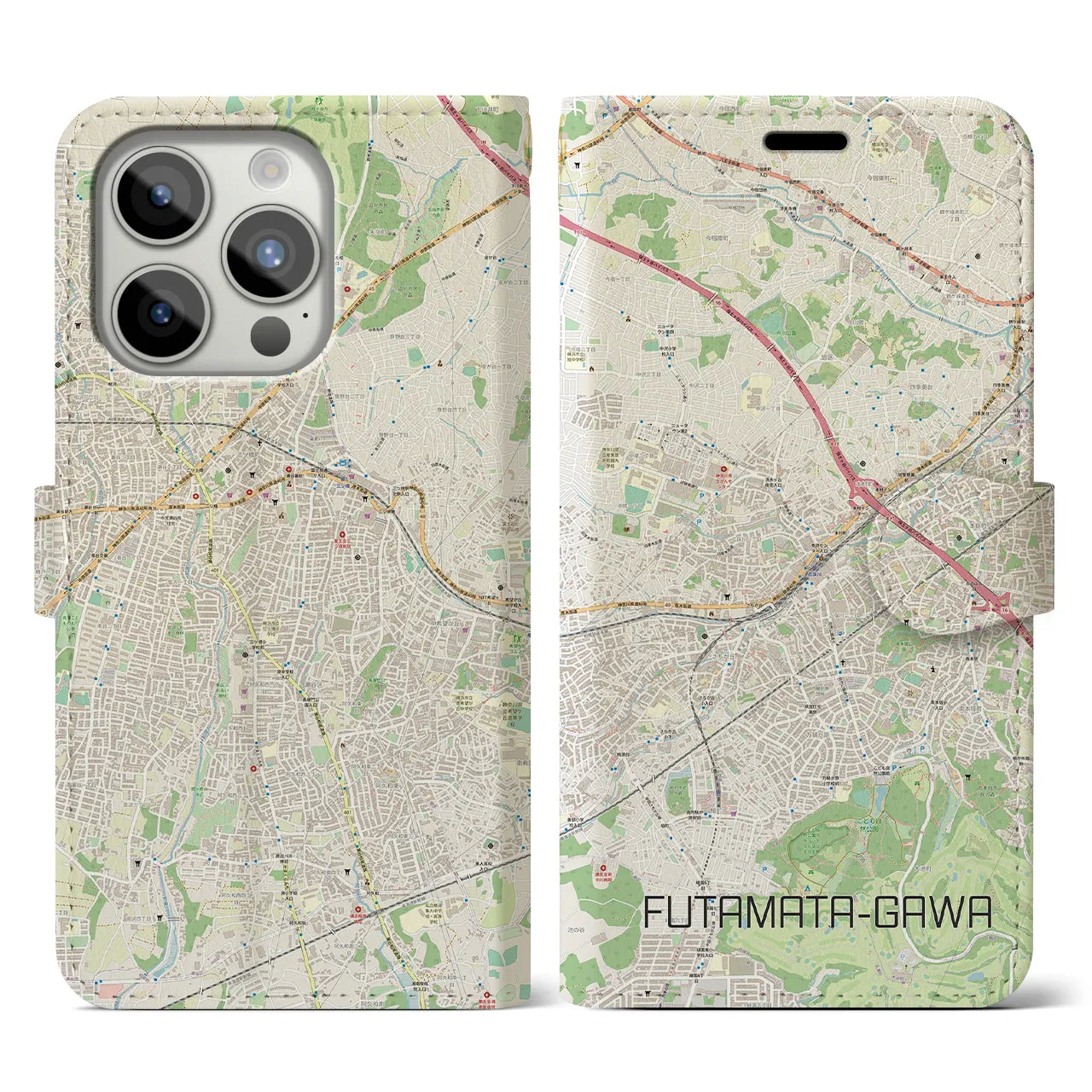 【二俣川】地図柄iPhoneケース（手帳両面タイプ・ナチュラル）iPhone 15 Pro 用