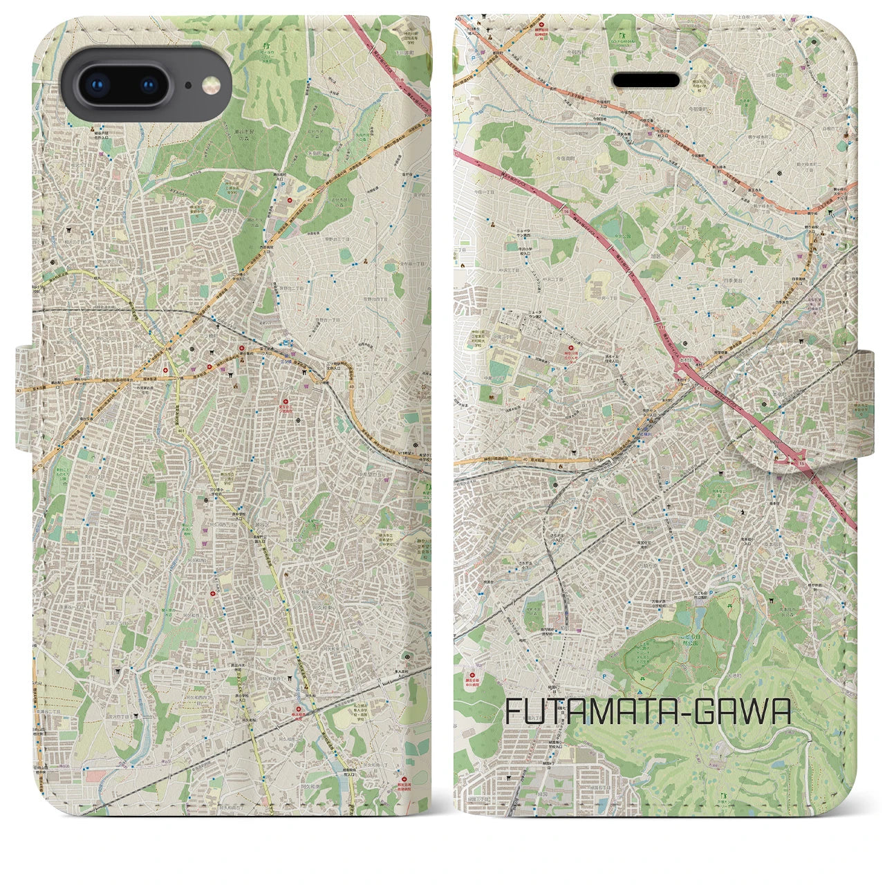 【二俣川】地図柄iPhoneケース（手帳両面タイプ・ナチュラル）iPhone 8Plus /7Plus / 6sPlus / 6Plus 用