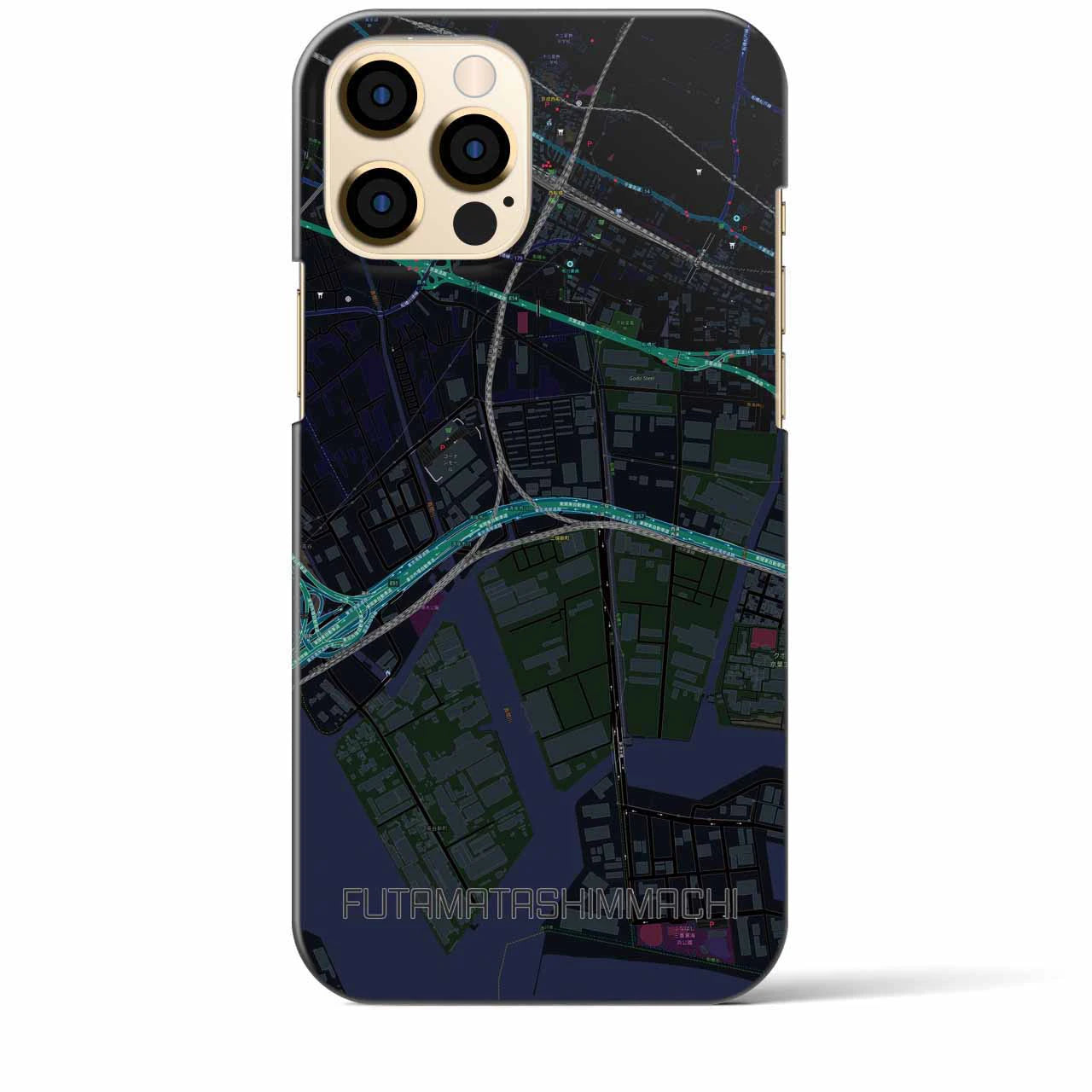 【二俣新町】地図柄iPhoneケース（バックカバータイプ・ブラック）iPhone 12 Pro Max 用
