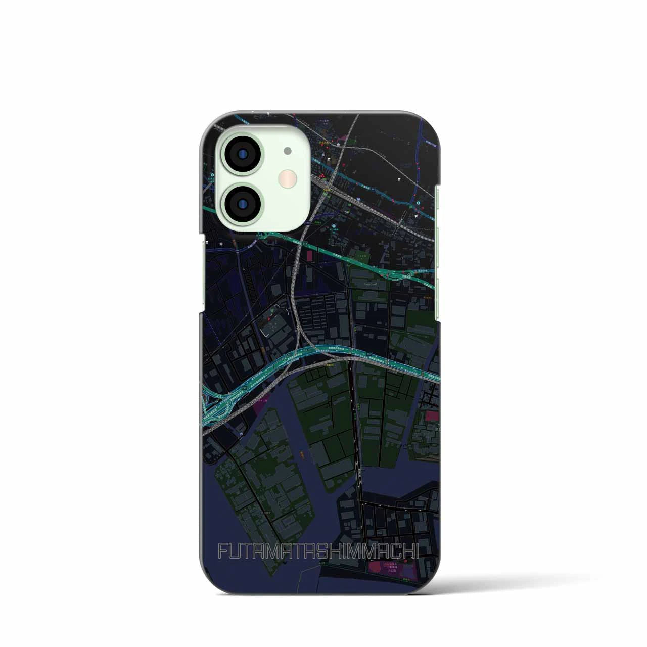 【二俣新町】地図柄iPhoneケース（バックカバータイプ・ブラック）iPhone 12 mini 用
