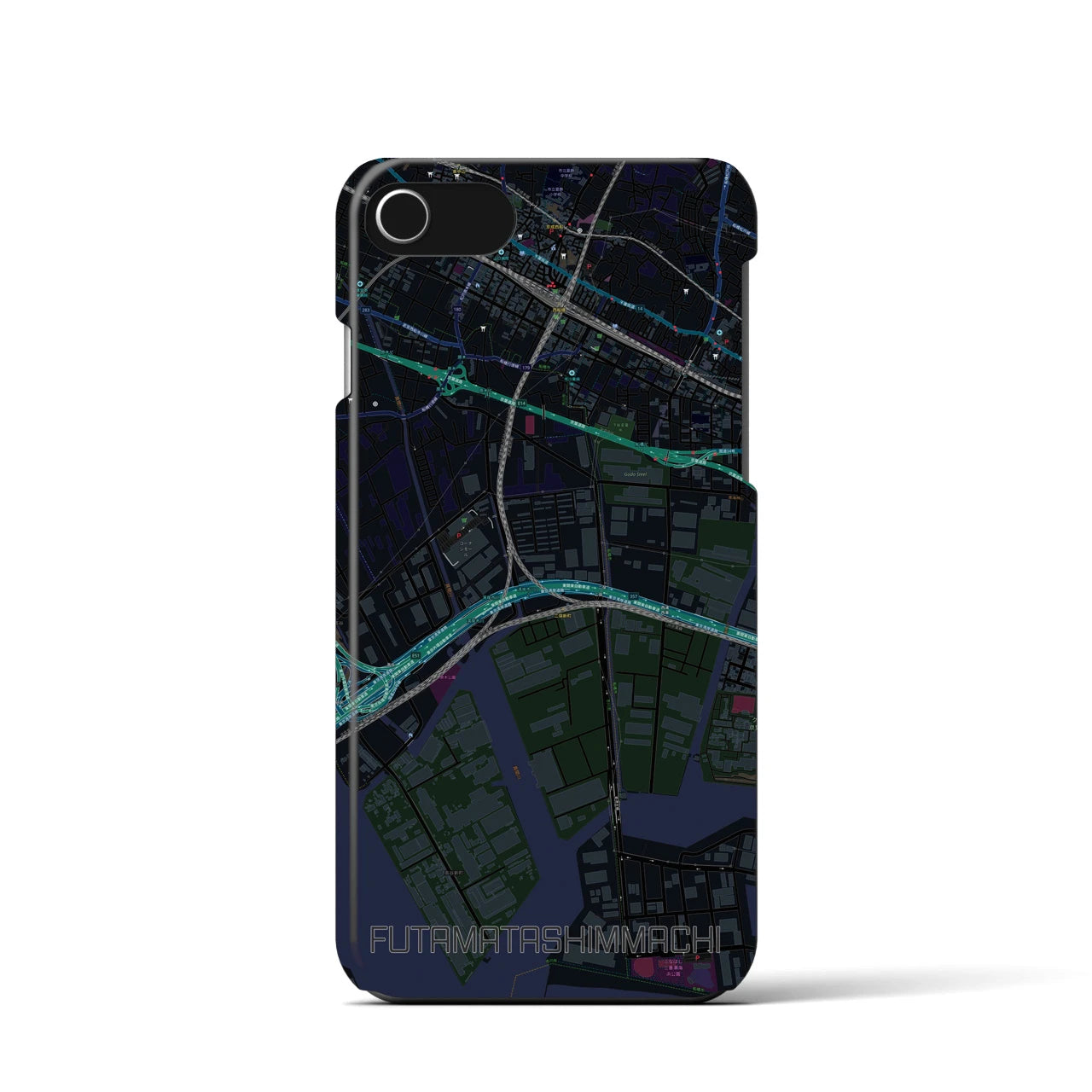 【二俣新町】地図柄iPhoneケース（バックカバータイプ・ブラック）iPhone SE（第3 / 第2世代） / 8 / 7 / 6s / 6 用