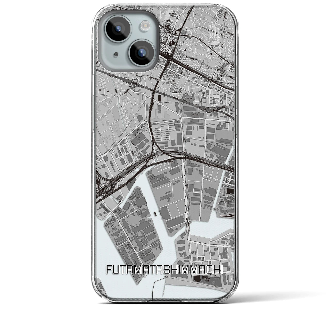 【二俣新町】地図柄iPhoneケース（クリアタイプ・モノトーン）iPhone 15 Plus 用