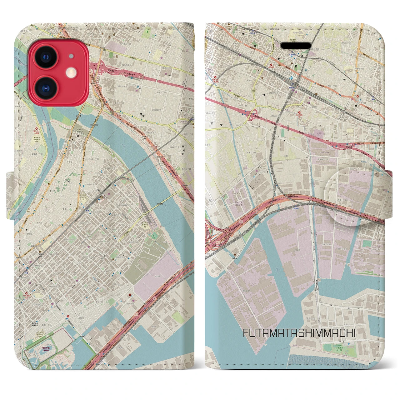 【二俣新町】地図柄iPhoneケース（手帳両面タイプ・ナチュラル）iPhone 11 用