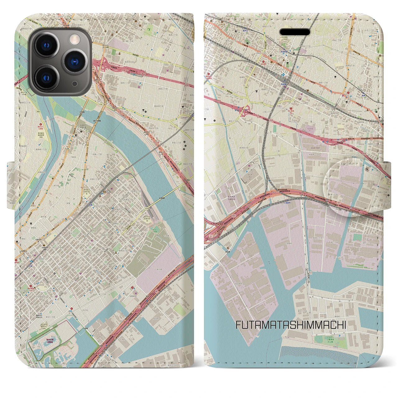 【二俣新町】地図柄iPhoneケース（手帳両面タイプ・ナチュラル）iPhone 11 Pro Max 用