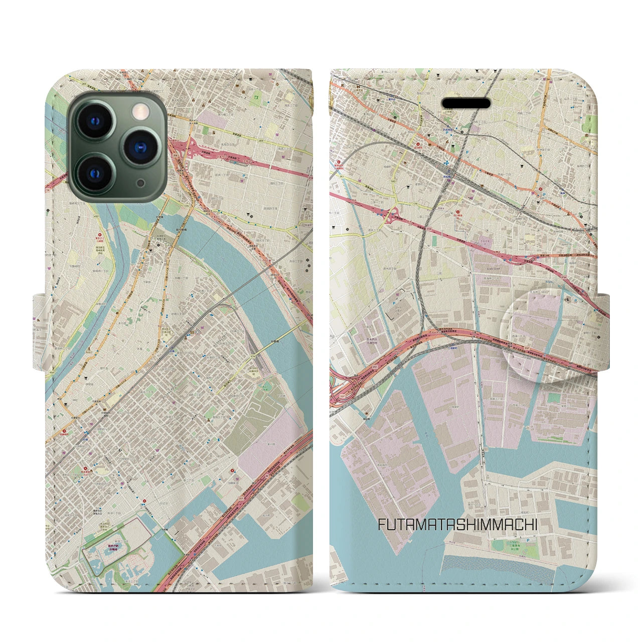 【二俣新町（千葉県）】地図柄iPhoneケース（手帳タイプ）ナチュラル・iPhone 11 Pro 用