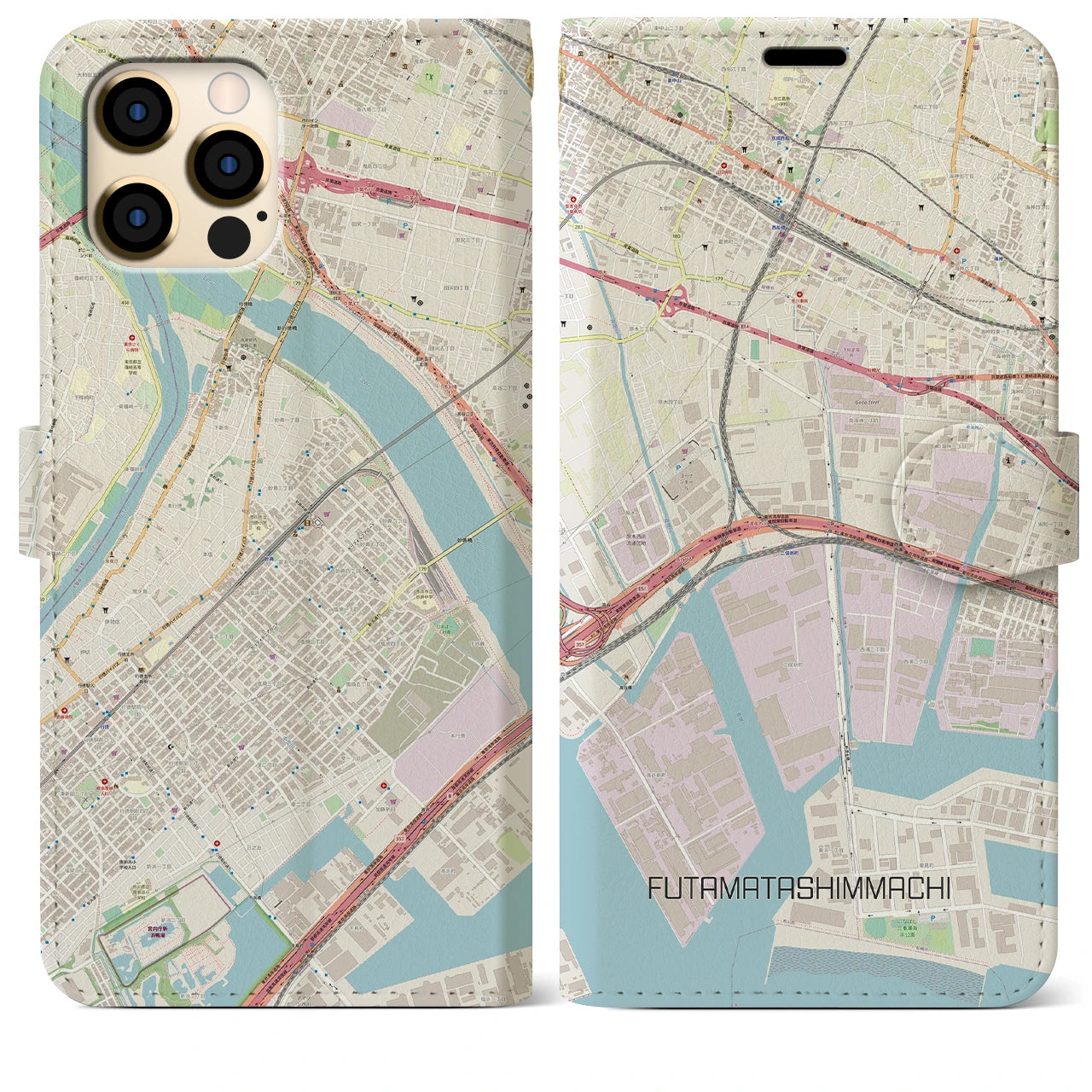 【二俣新町】地図柄iPhoneケース（手帳両面タイプ・ナチュラル）iPhone 12 Pro Max 用