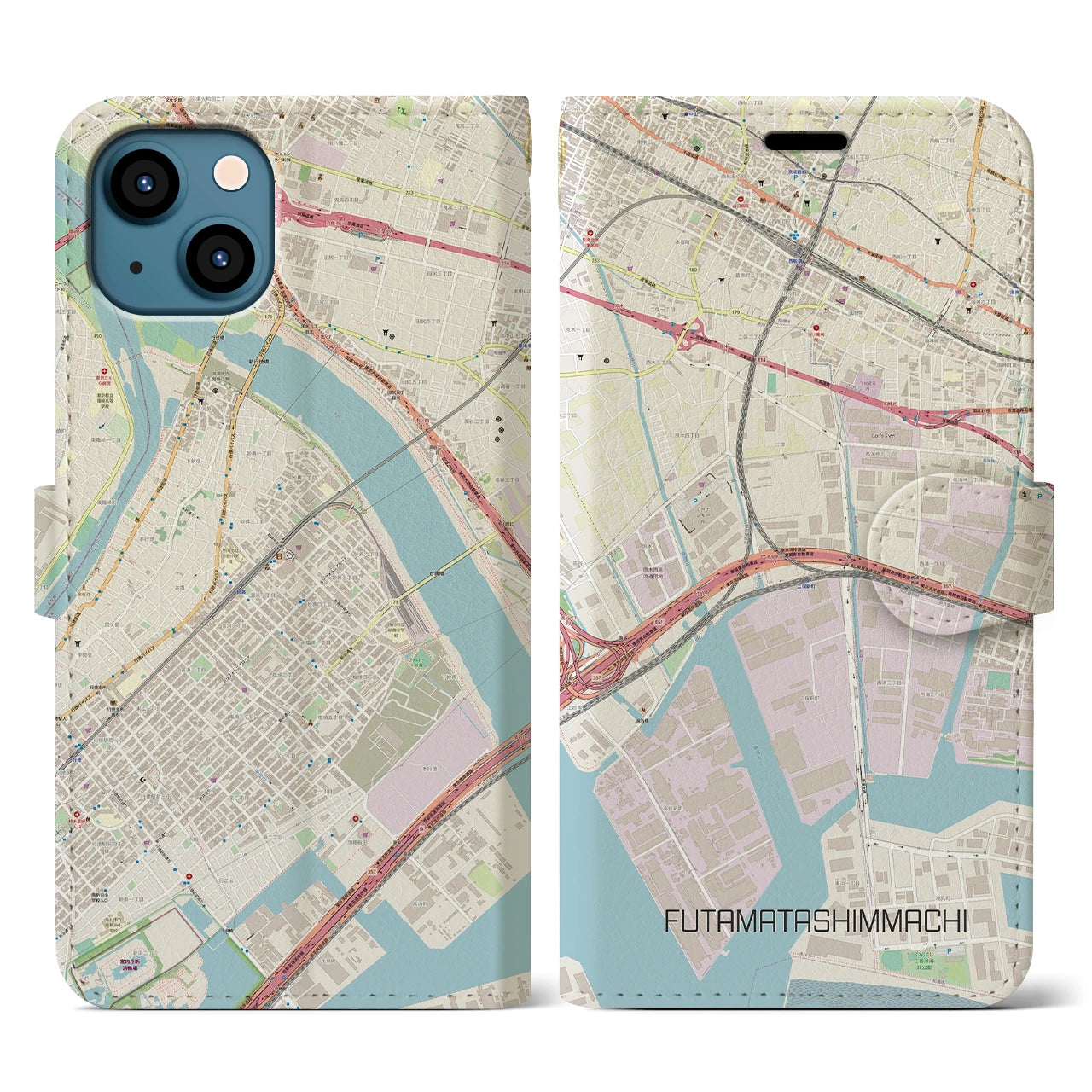 【二俣新町】地図柄iPhoneケース（手帳両面タイプ・ナチュラル）iPhone 13 用