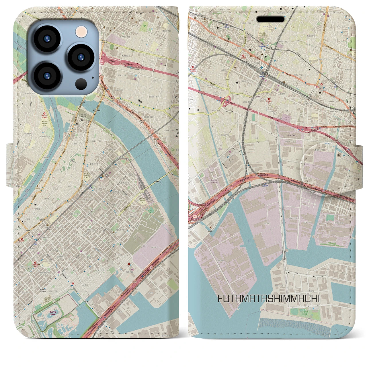 【二俣新町】地図柄iPhoneケース（手帳両面タイプ・ナチュラル）iPhone 13 Pro Max 用