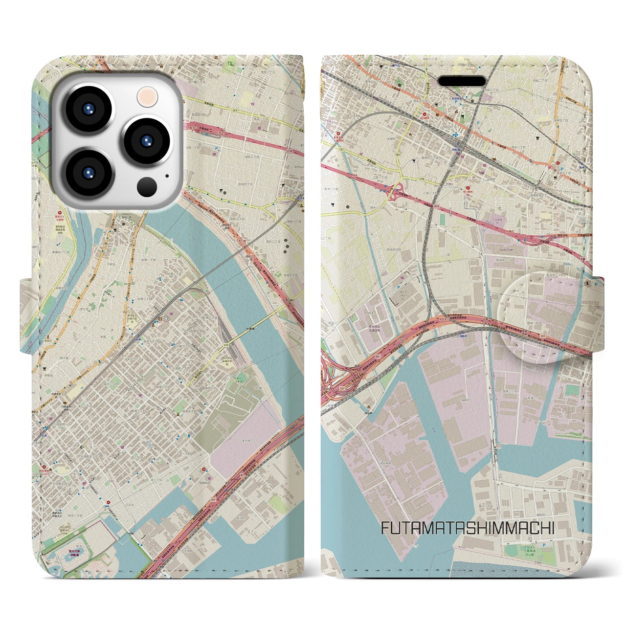 【二俣新町】地図柄iPhoneケース（手帳両面タイプ・ナチュラル）iPhone 13 Pro 用