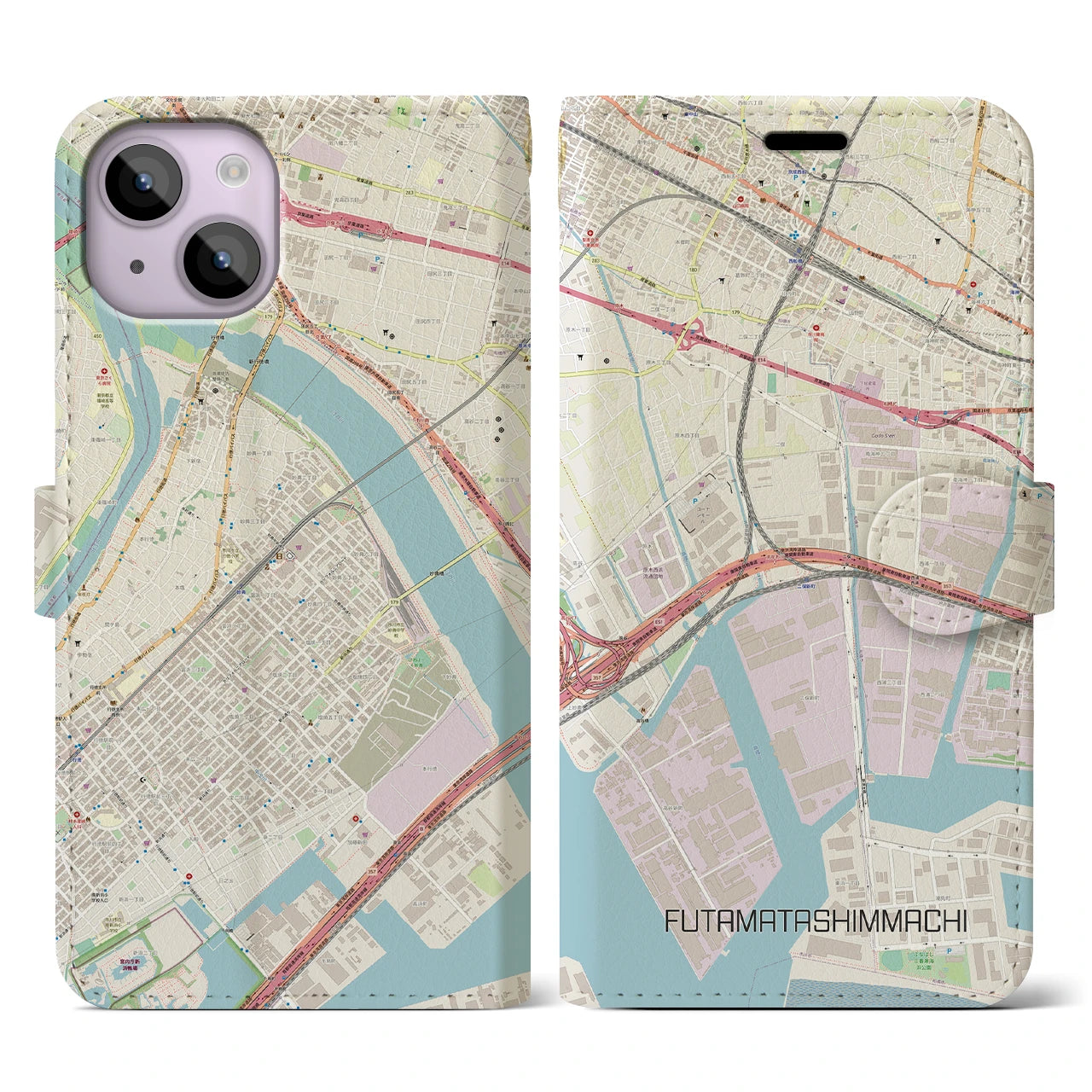 【二俣新町】地図柄iPhoneケース（手帳両面タイプ・ナチュラル）iPhone 14 用