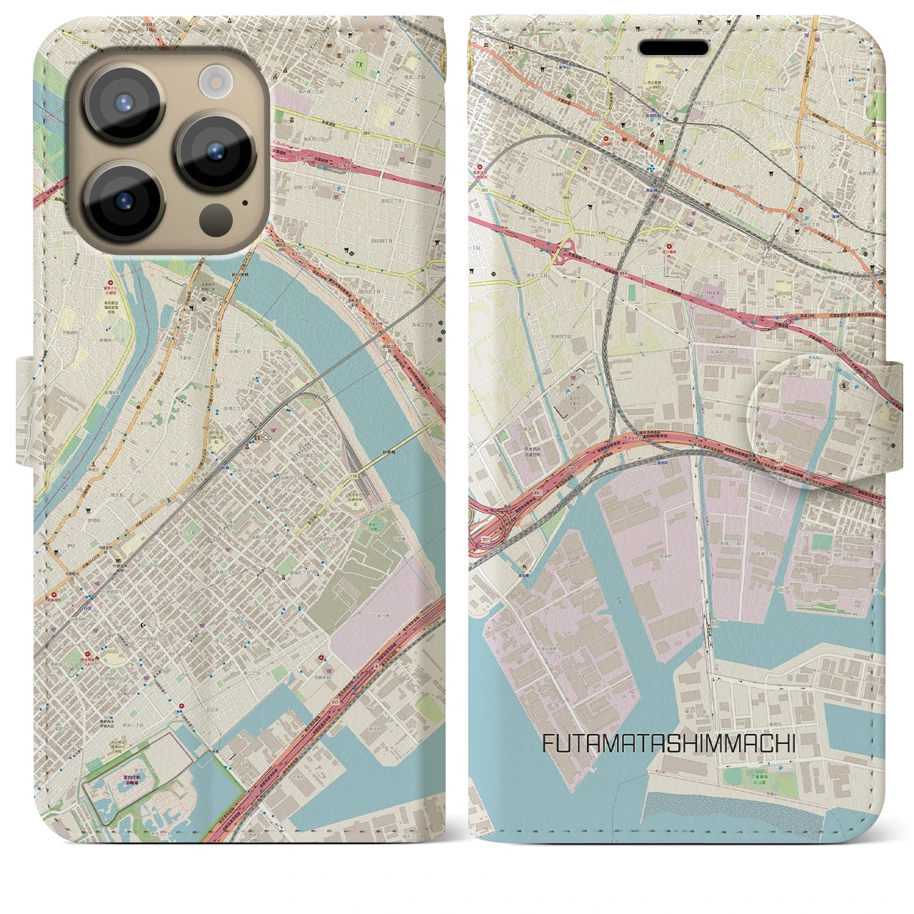 【二俣新町】地図柄iPhoneケース（手帳両面タイプ・ナチュラル）iPhone 14 Pro Max 用