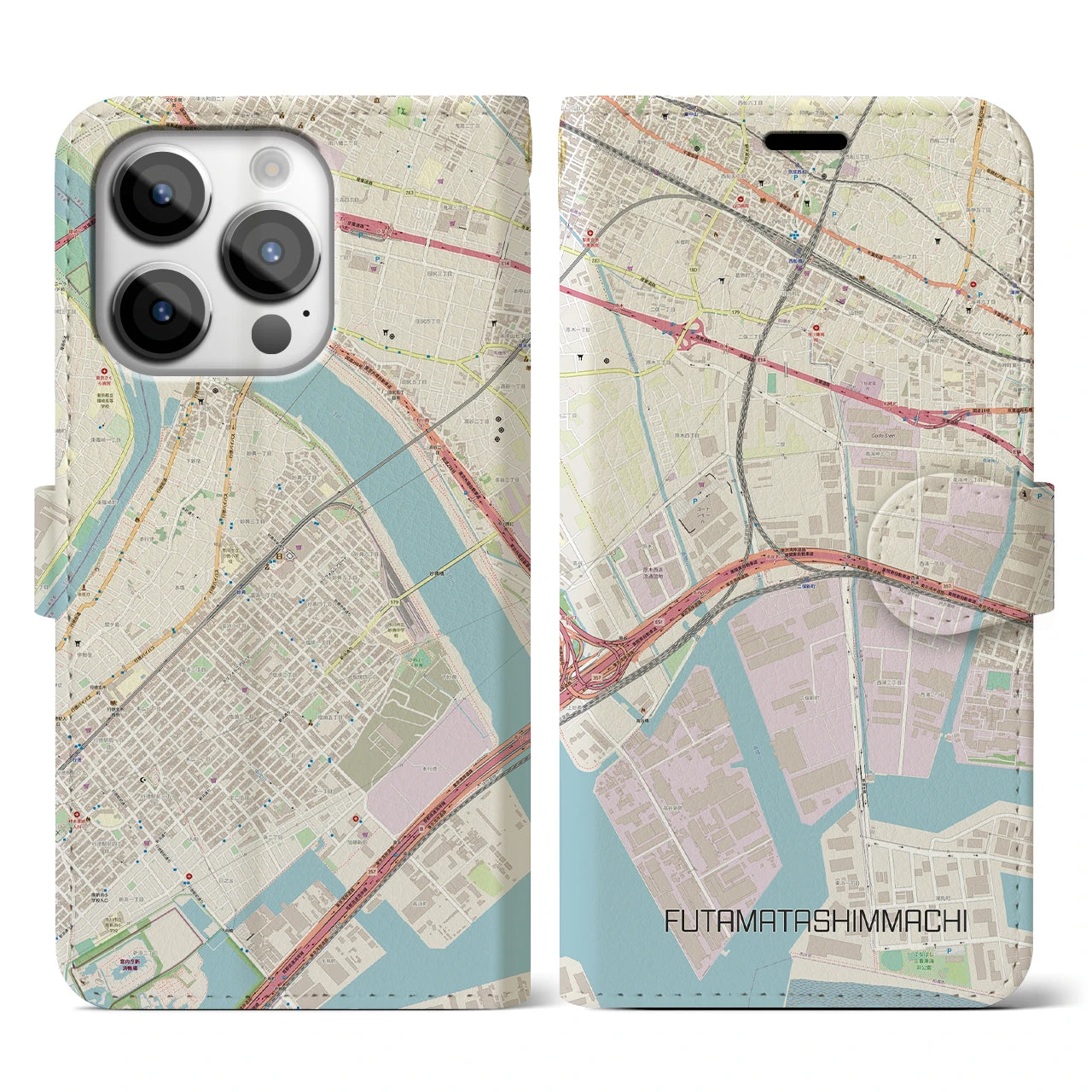 【二俣新町】地図柄iPhoneケース（手帳両面タイプ・ナチュラル）iPhone 14 Pro 用