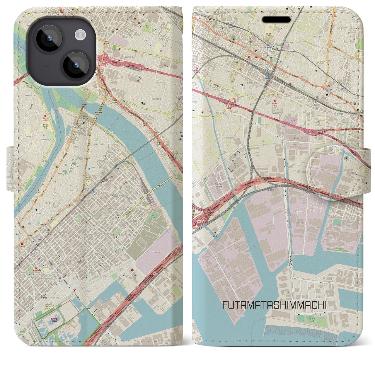 【二俣新町】地図柄iPhoneケース（手帳両面タイプ・ナチュラル）iPhone 14 Plus 用