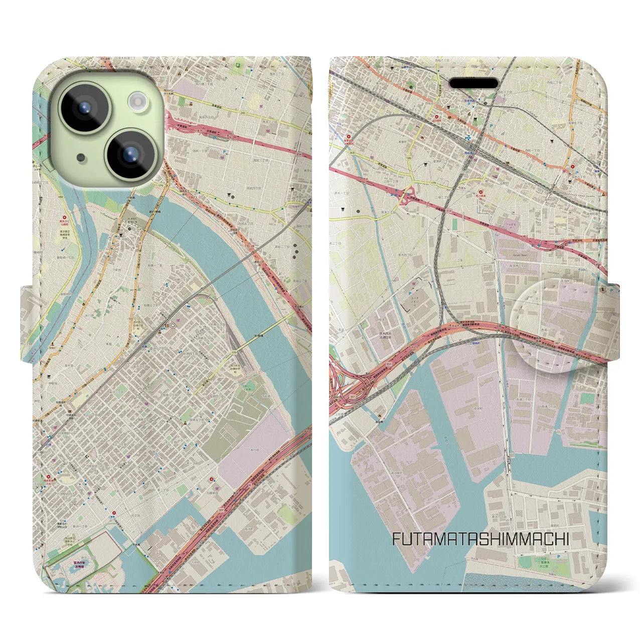【二俣新町】地図柄iPhoneケース（手帳両面タイプ・ナチュラル）iPhone 15 用