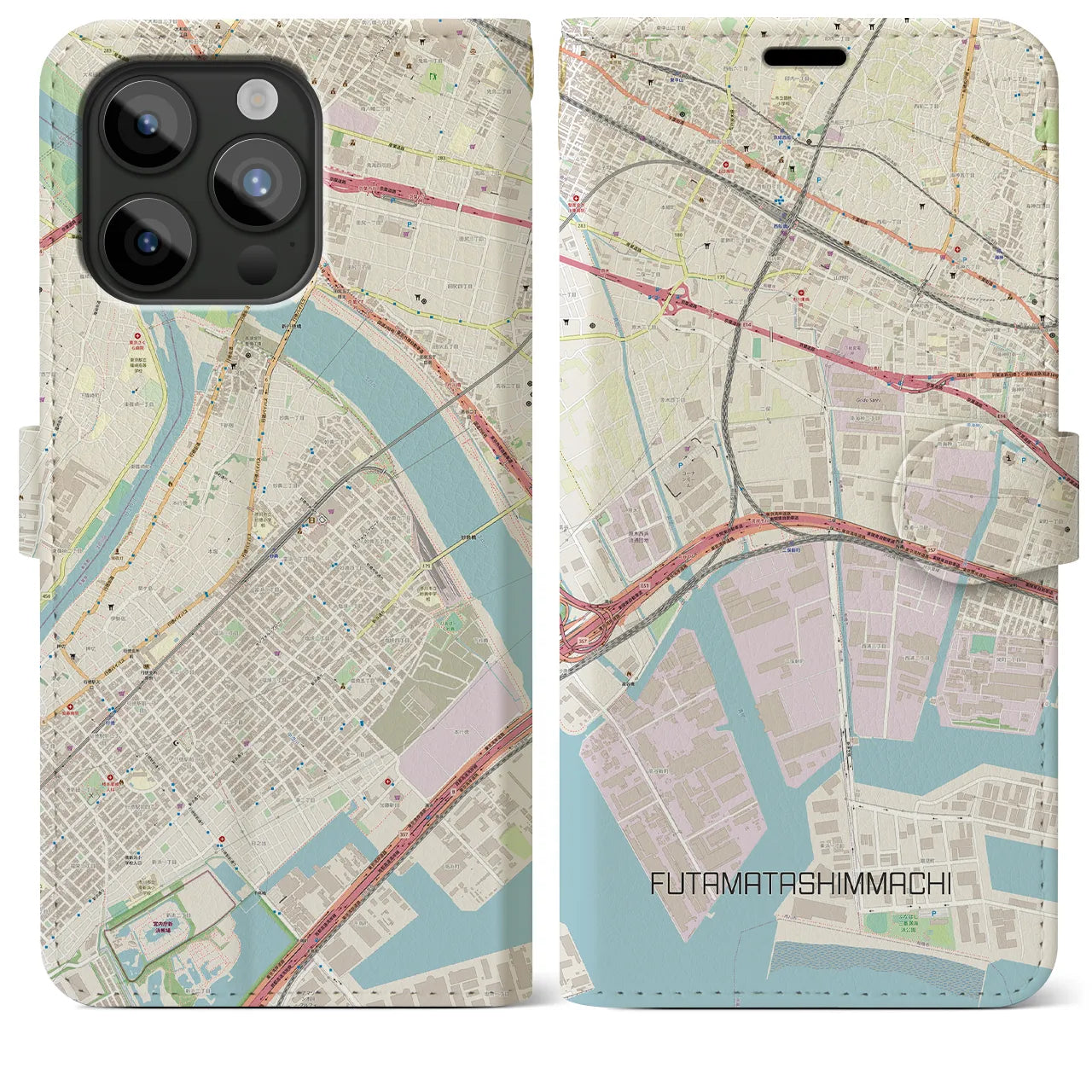 【二俣新町】地図柄iPhoneケース（手帳両面タイプ・ナチュラル）iPhone 15 Pro Max 用