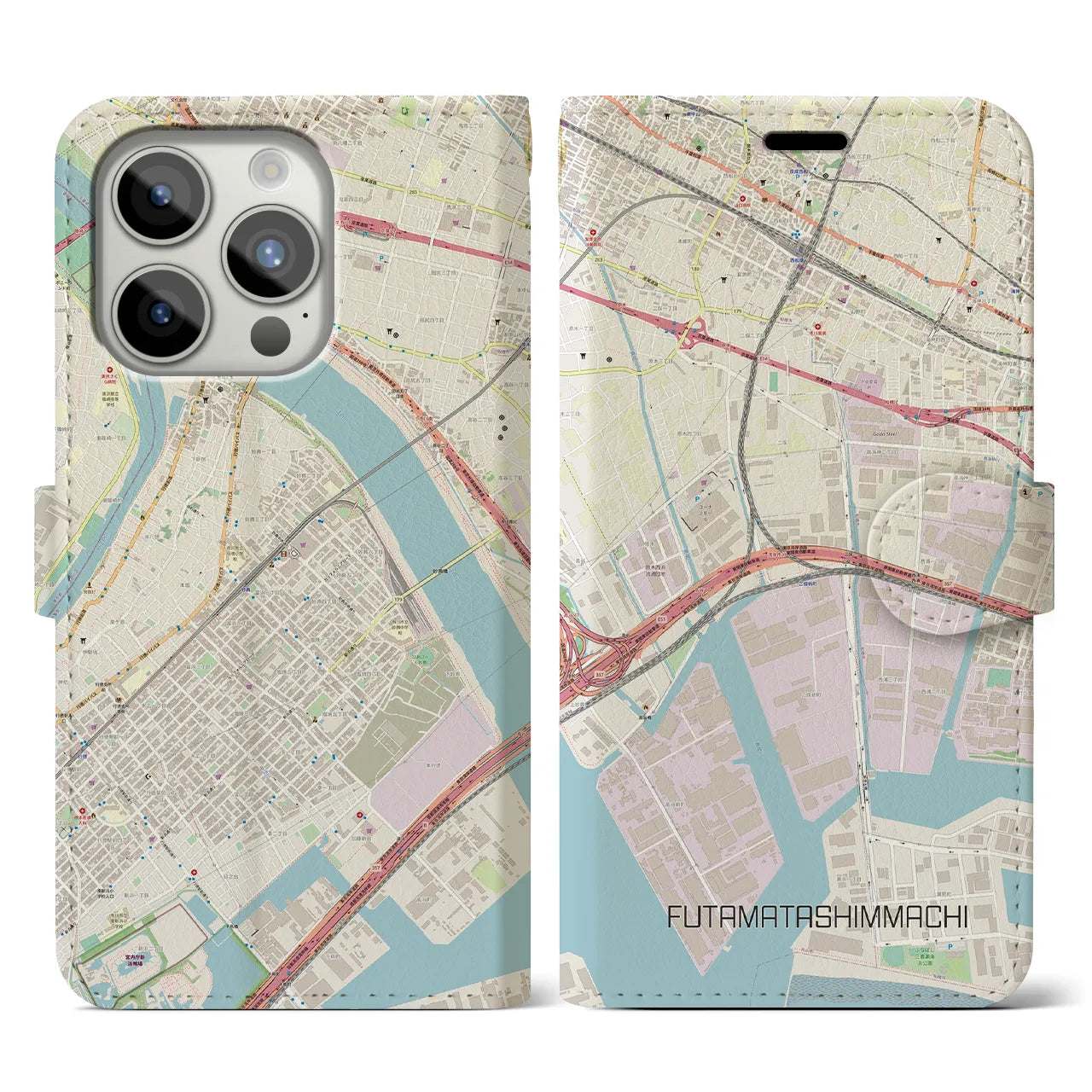 【二俣新町】地図柄iPhoneケース（手帳両面タイプ・ナチュラル）iPhone 15 Pro 用