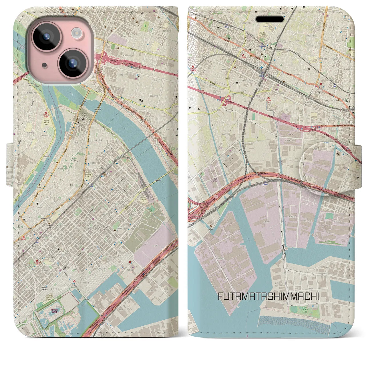 【二俣新町】地図柄iPhoneケース（手帳両面タイプ・ナチュラル）iPhone 15 Plus 用