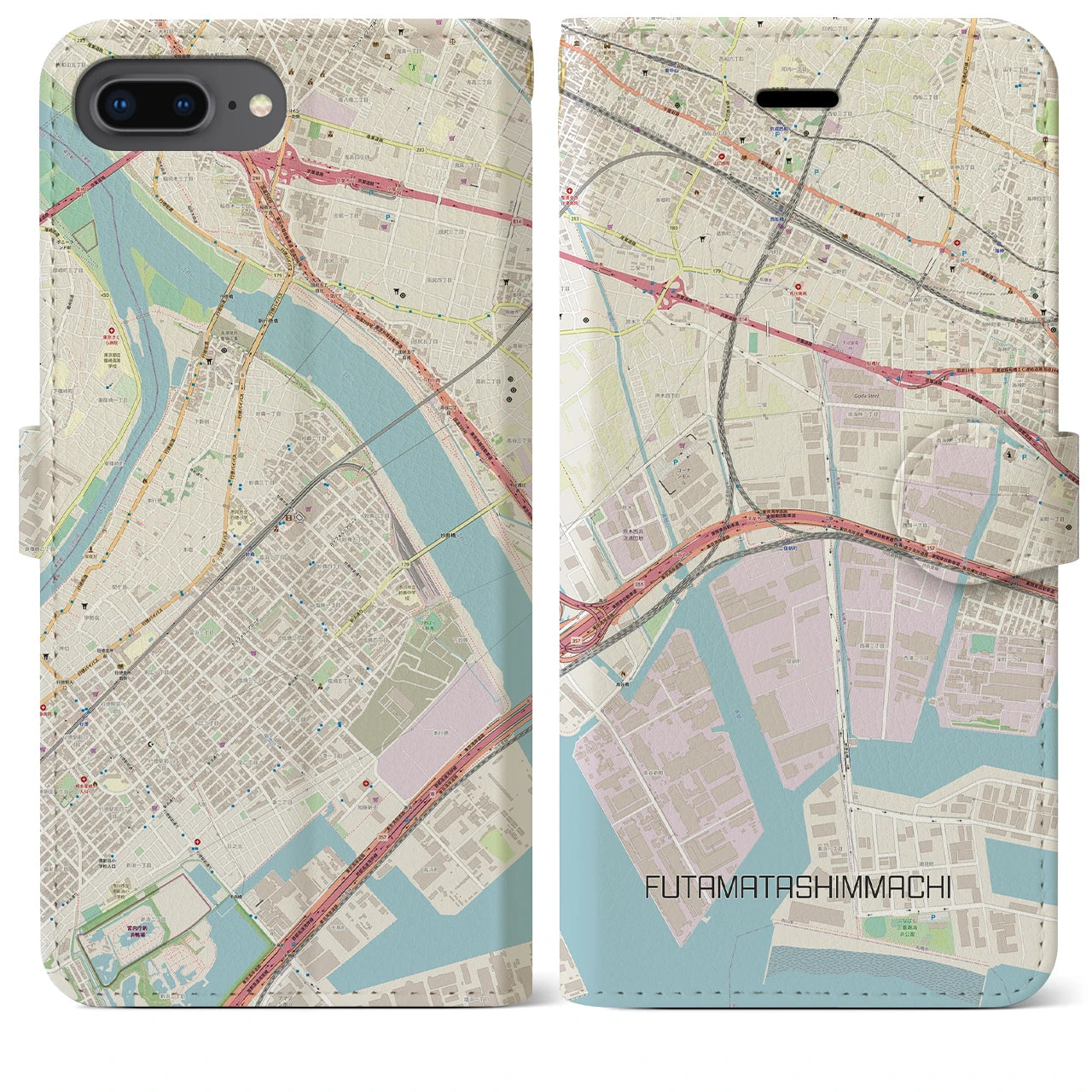 【二俣新町】地図柄iPhoneケース（手帳両面タイプ・ナチュラル）iPhone 8Plus /7Plus / 6sPlus / 6Plus 用