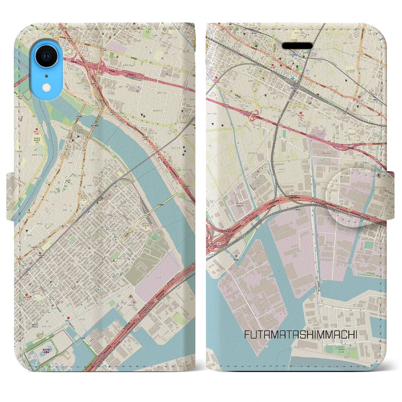 【二俣新町】地図柄iPhoneケース（手帳両面タイプ・ナチュラル）iPhone XR 用