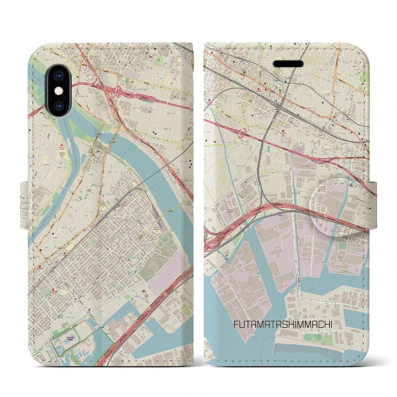 【二俣新町】地図柄iPhoneケース（手帳両面タイプ・ナチュラル）iPhone XS / X 用