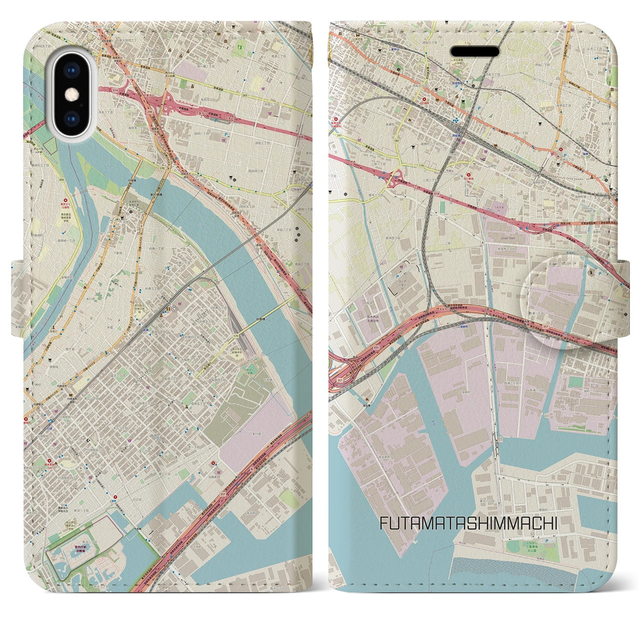 【二俣新町】地図柄iPhoneケース（手帳両面タイプ・ナチュラル）iPhone XS Max 用