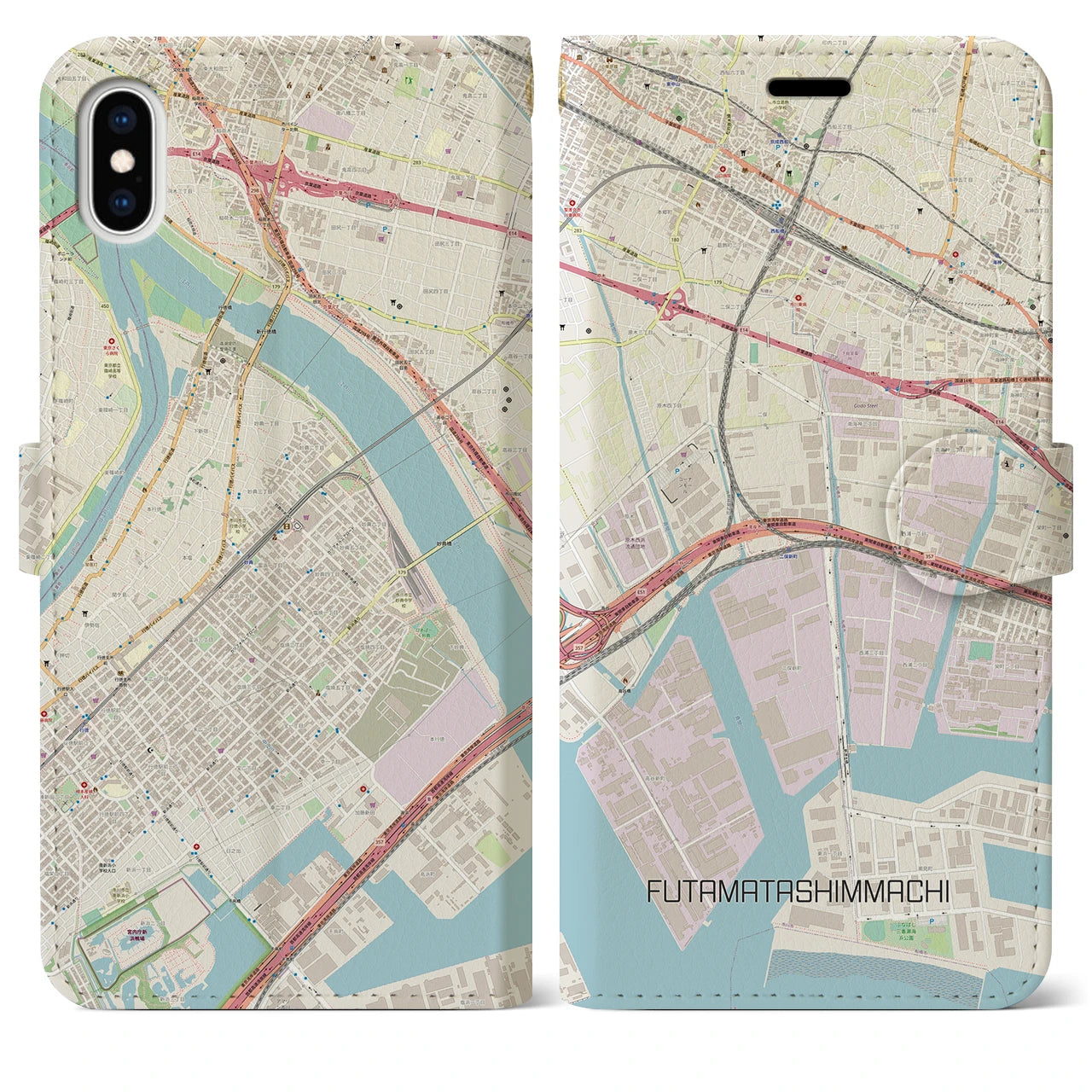 【二俣新町（千葉県）】地図柄iPhoneケース（手帳タイプ）ナチュラル・iPhone XS Max 用