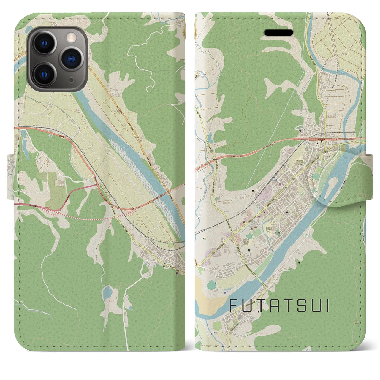 【二ツ井】地図柄iPhoneケース（手帳両面タイプ・ナチュラル）iPhone 11 Pro Max 用
