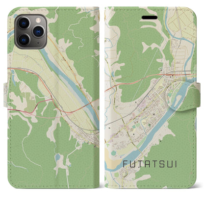 【二ツ井（秋田県）】地図柄iPhoneケース（手帳タイプ）ナチュラル・iPhone 11 Pro Max 用