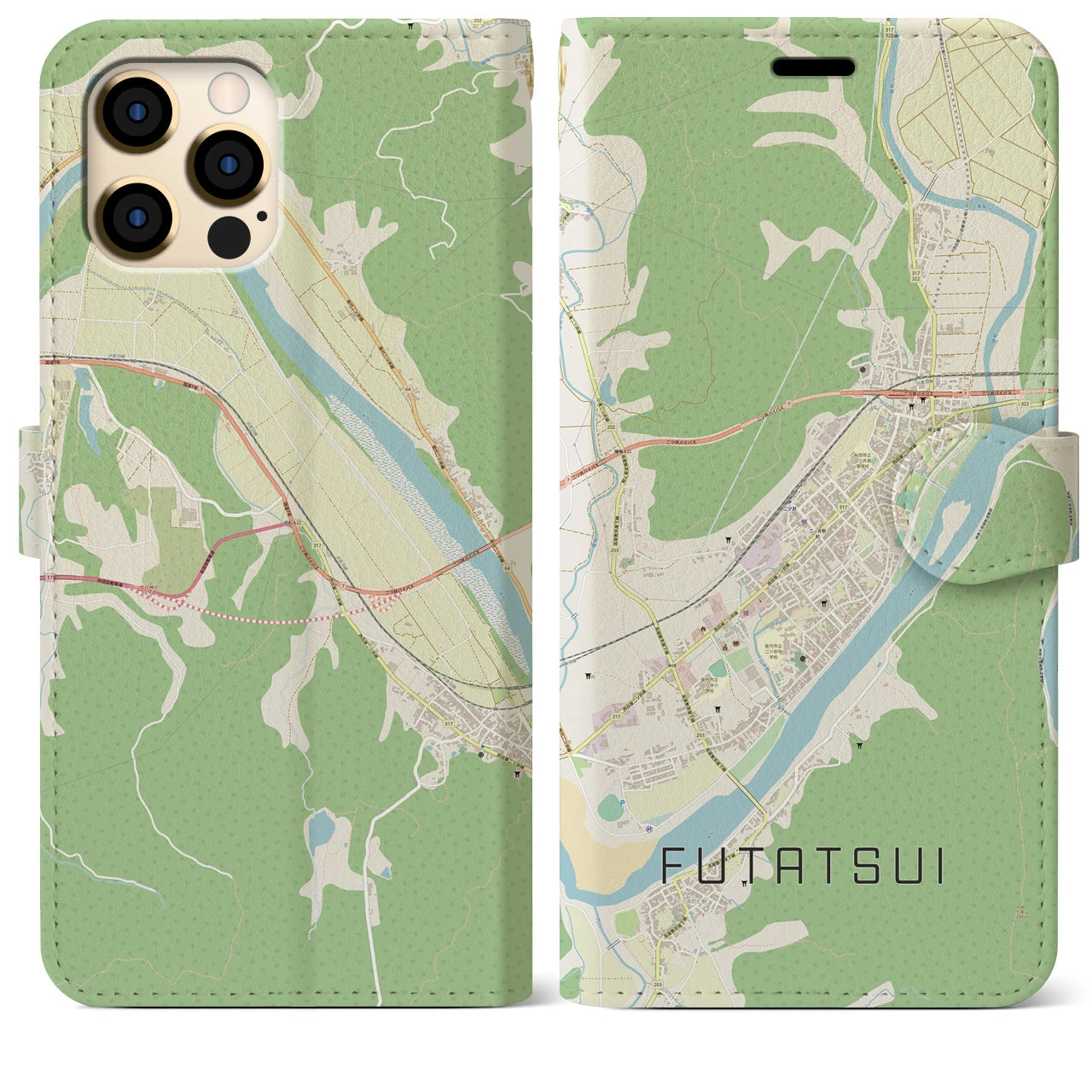 【二ツ井】地図柄iPhoneケース（手帳両面タイプ・ナチュラル）iPhone 12 Pro Max 用
