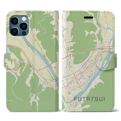 【二ツ井（秋田県）】地図柄iPhoneケース（手帳タイプ）ナチュラル・iPhone 12 / 12 Pro 用