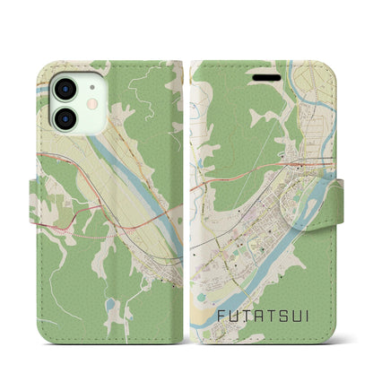 【二ツ井（秋田県）】地図柄iPhoneケース（手帳タイプ）ナチュラル・iPhone 12 mini 用