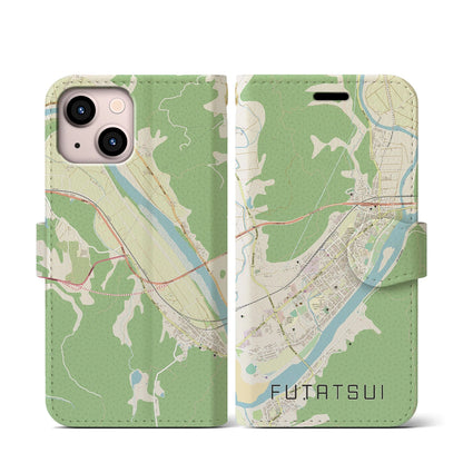 【二ツ井（秋田県）】地図柄iPhoneケース（手帳タイプ）ナチュラル・iPhone 13 mini 用