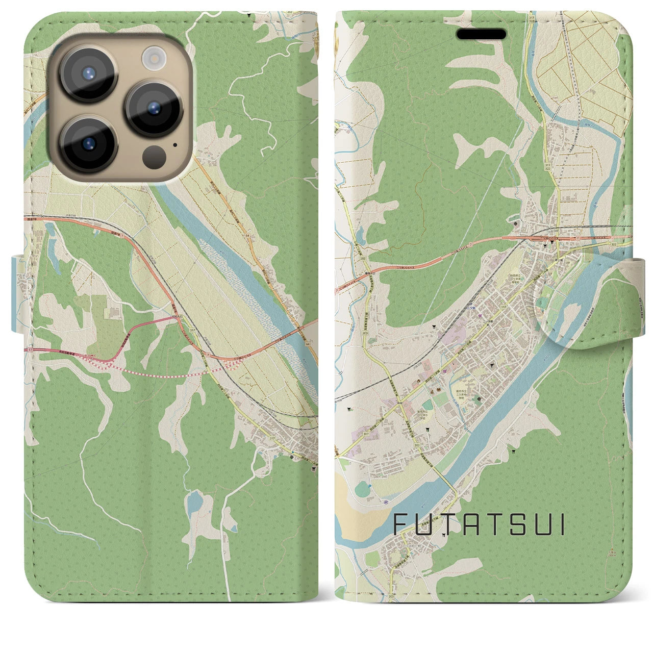 【二ツ井】地図柄iPhoneケース（手帳両面タイプ・ナチュラル）iPhone 14 Pro Max 用