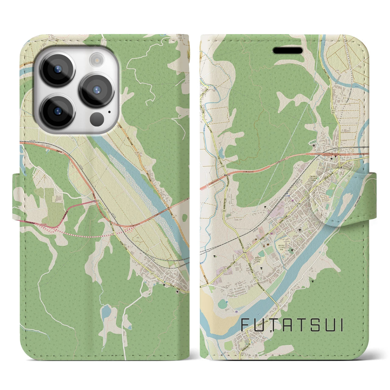【二ツ井】地図柄iPhoneケース（手帳両面タイプ・ナチュラル）iPhone 14 Pro 用
