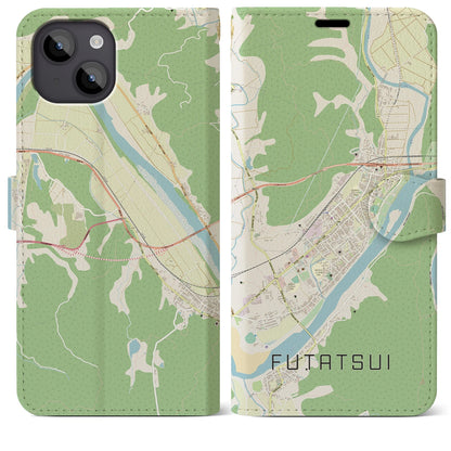 【二ツ井（秋田県）】地図柄iPhoneケース（手帳タイプ）ナチュラル・iPhone 14 Plus 用