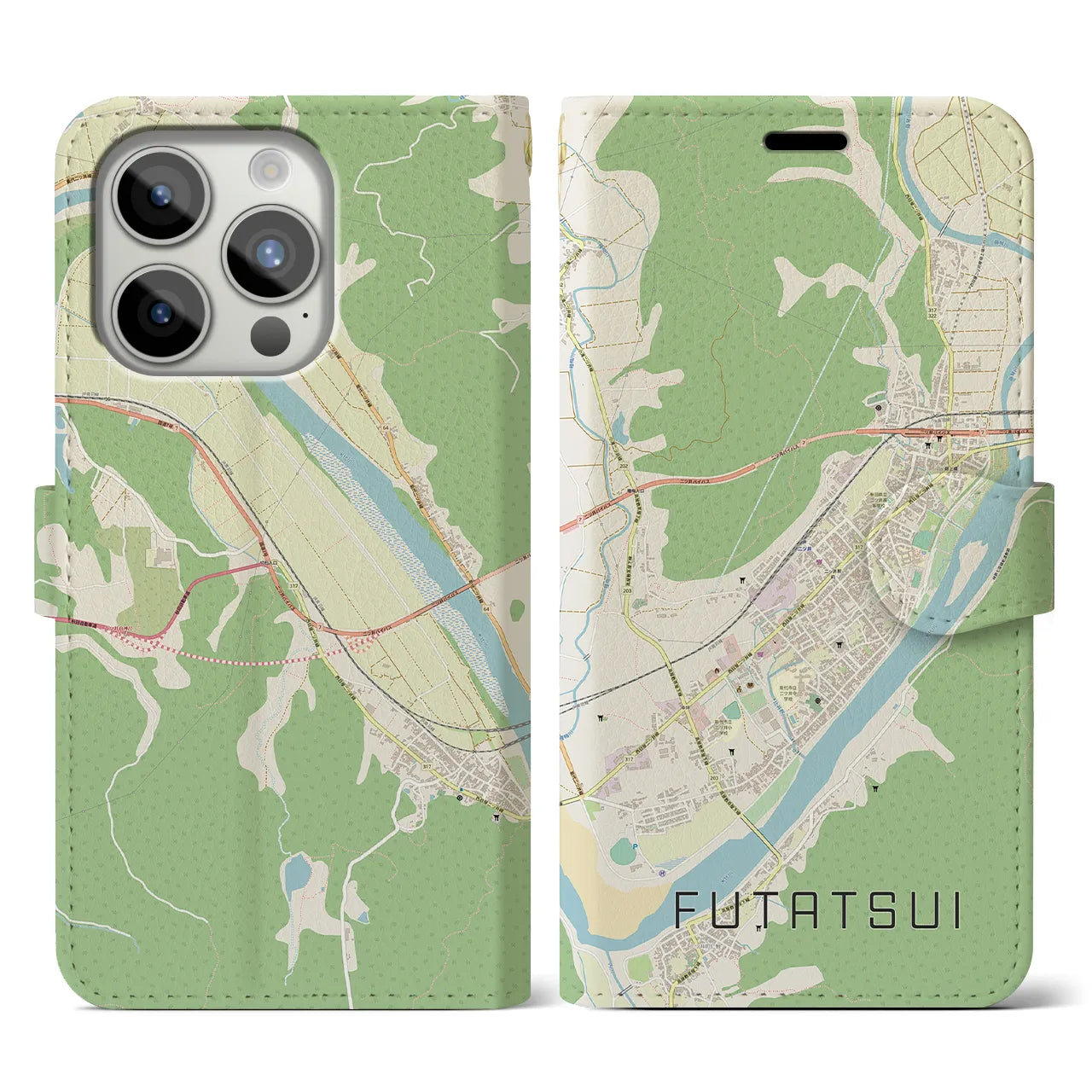 【二ツ井】地図柄iPhoneケース（手帳両面タイプ・ナチュラル）iPhone 15 Pro 用