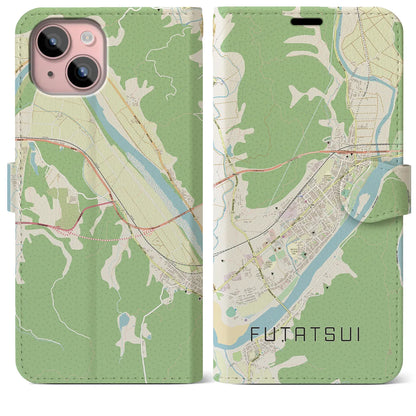 【二ツ井（秋田県）】地図柄iPhoneケース（手帳タイプ）ナチュラル・iPhone 15 Plus 用