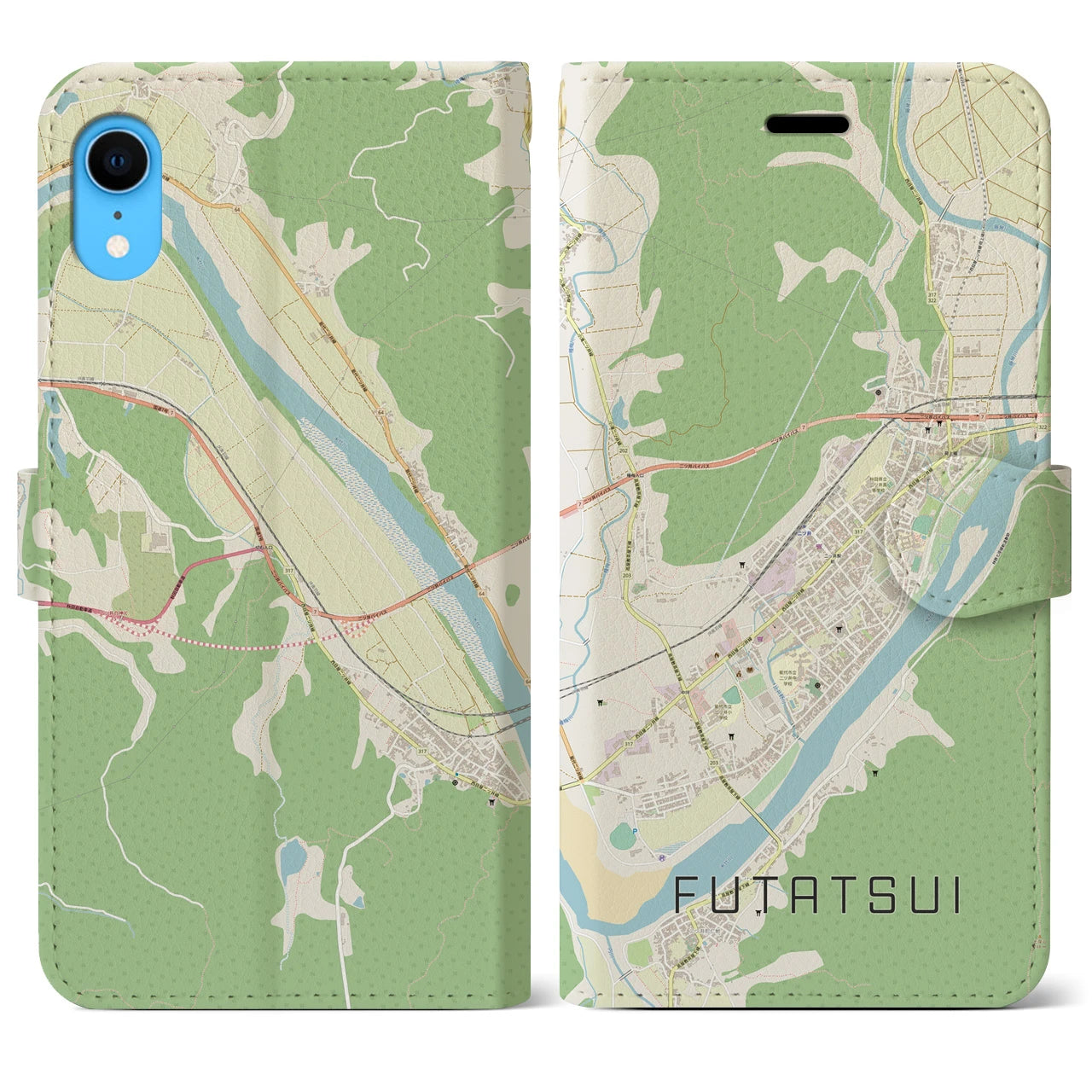 【二ツ井】地図柄iPhoneケース（手帳両面タイプ・ナチュラル）iPhone XR 用