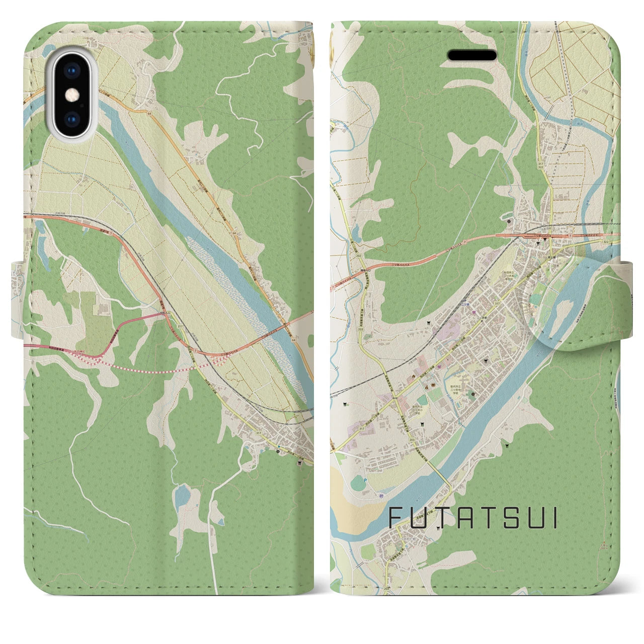 【二ツ井】地図柄iPhoneケース（手帳両面タイプ・ナチュラル）iPhone XS Max 用