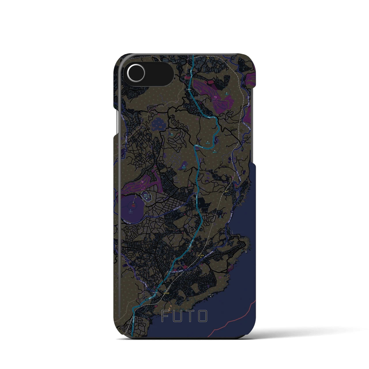 【富戸】地図柄iPhoneケース（バックカバータイプ・ブラック）iPhone SE（第3 / 第2世代） / 8 / 7 / 6s / 6 用