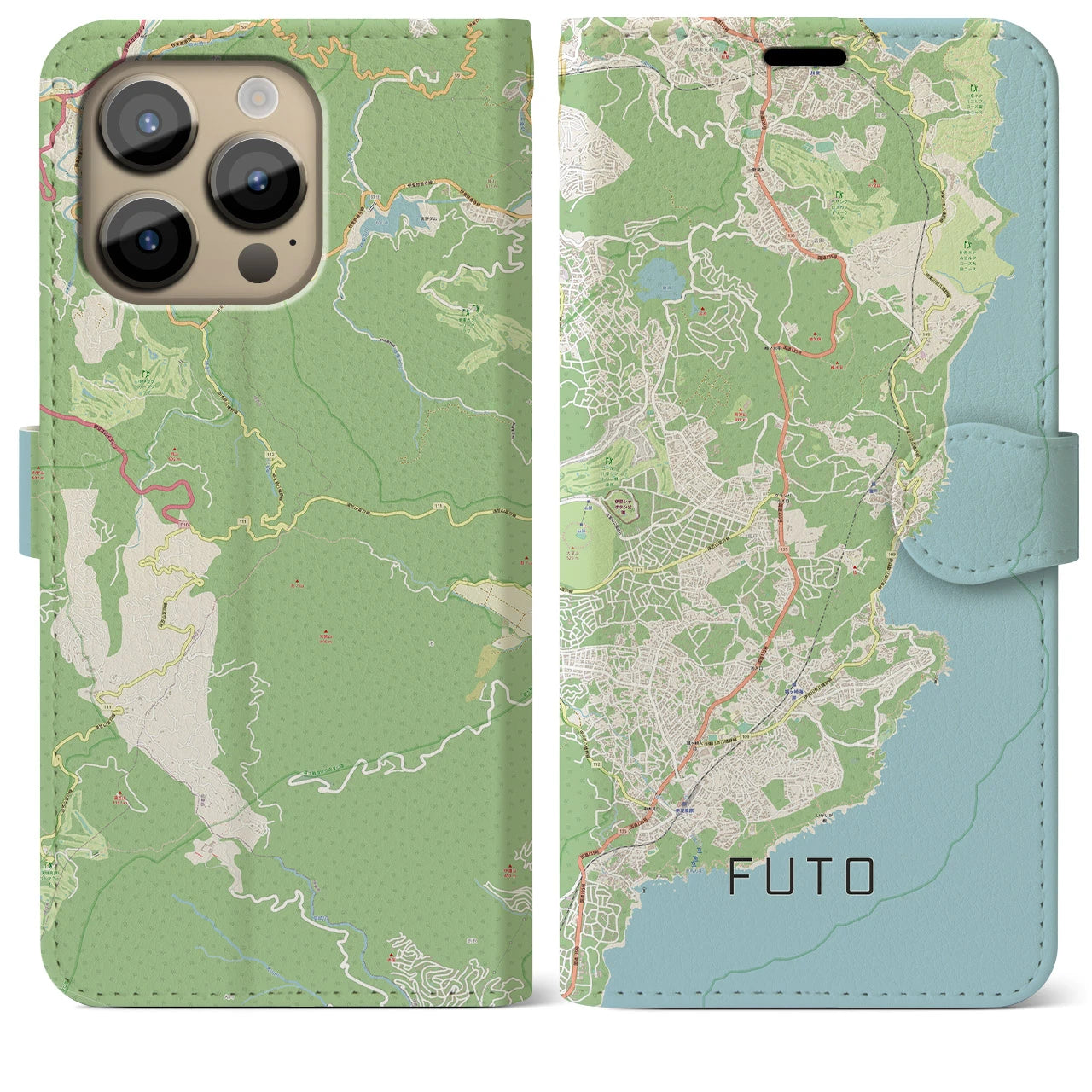 【富戸】地図柄iPhoneケース（手帳両面タイプ・ナチュラル）iPhone 14 Pro Max 用