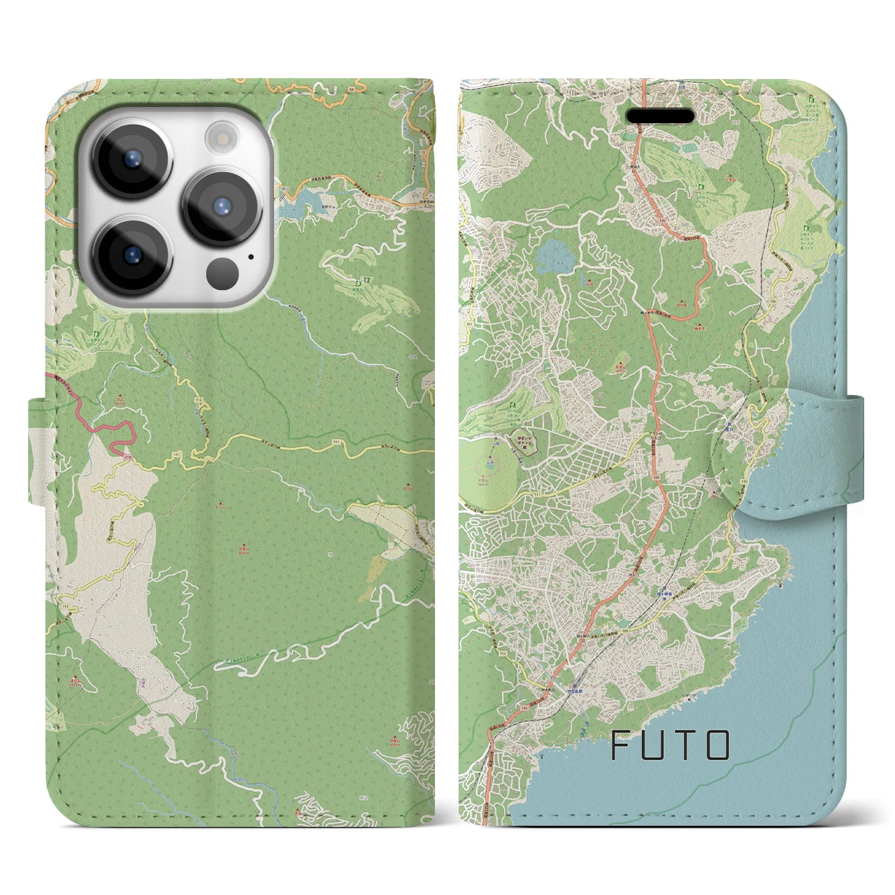【富戸】地図柄iPhoneケース（手帳両面タイプ・ナチュラル）iPhone 14 Pro 用