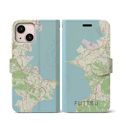 【富津（千葉県）】地図柄iPhoneケース（手帳タイプ）ナチュラル・iPhone 13 mini 用