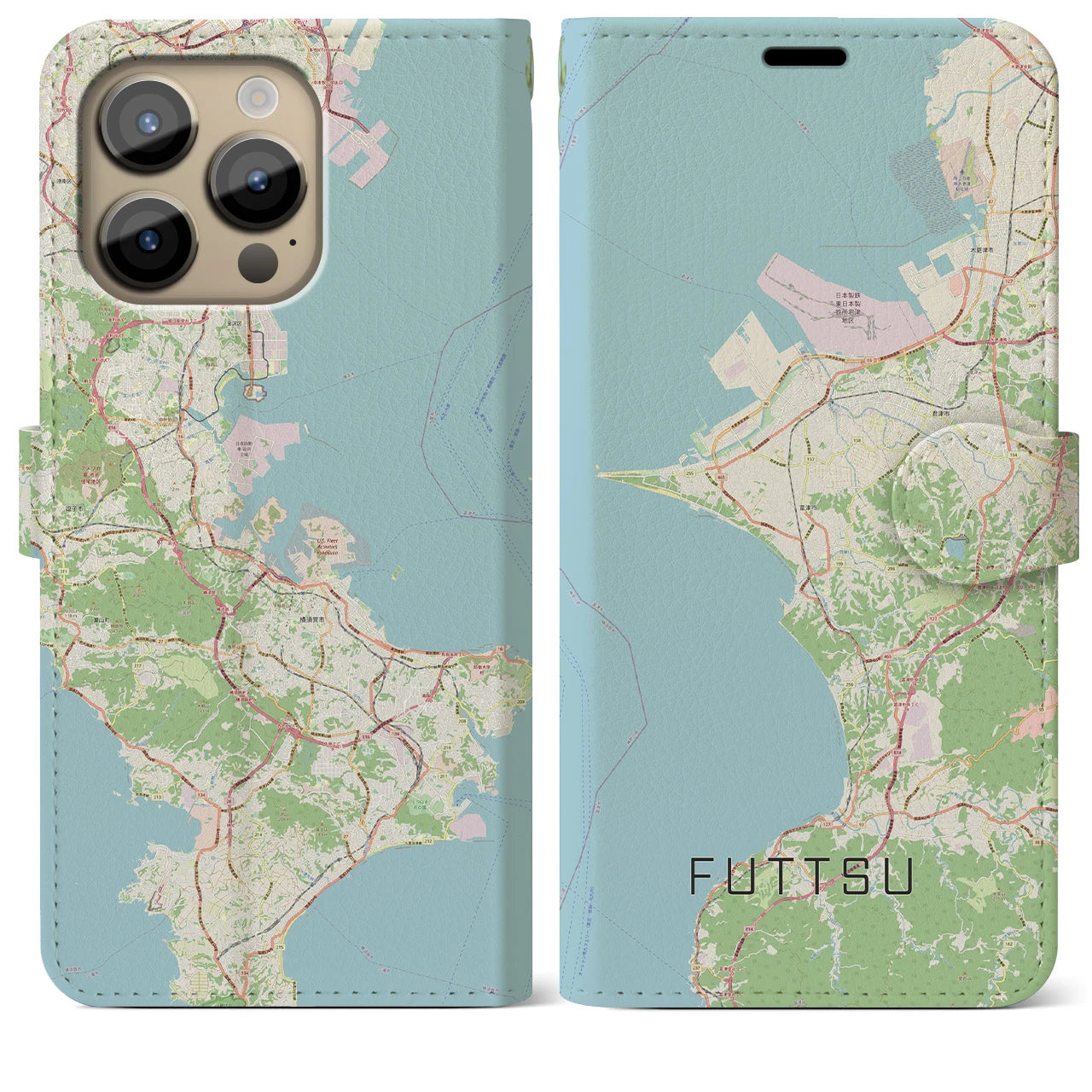 【富津】地図柄iPhoneケース（手帳両面タイプ・ナチュラル）iPhone 14 Pro Max 用