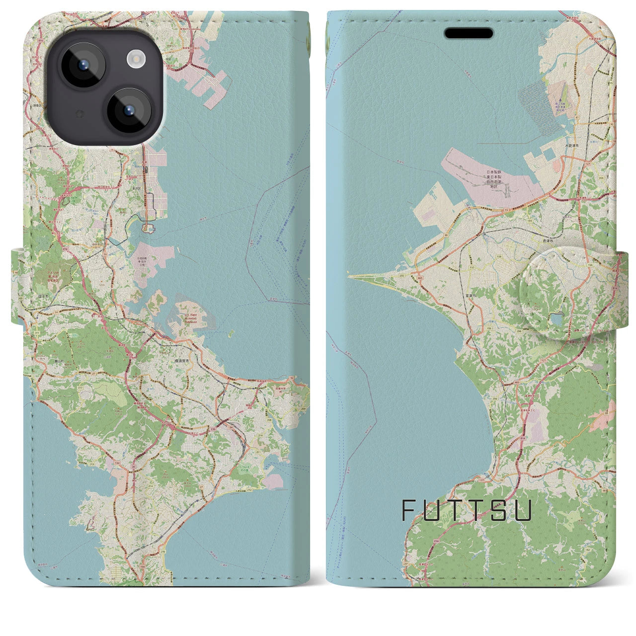 【富津】地図柄iPhoneケース（手帳両面タイプ・ナチュラル）iPhone 14 Plus 用