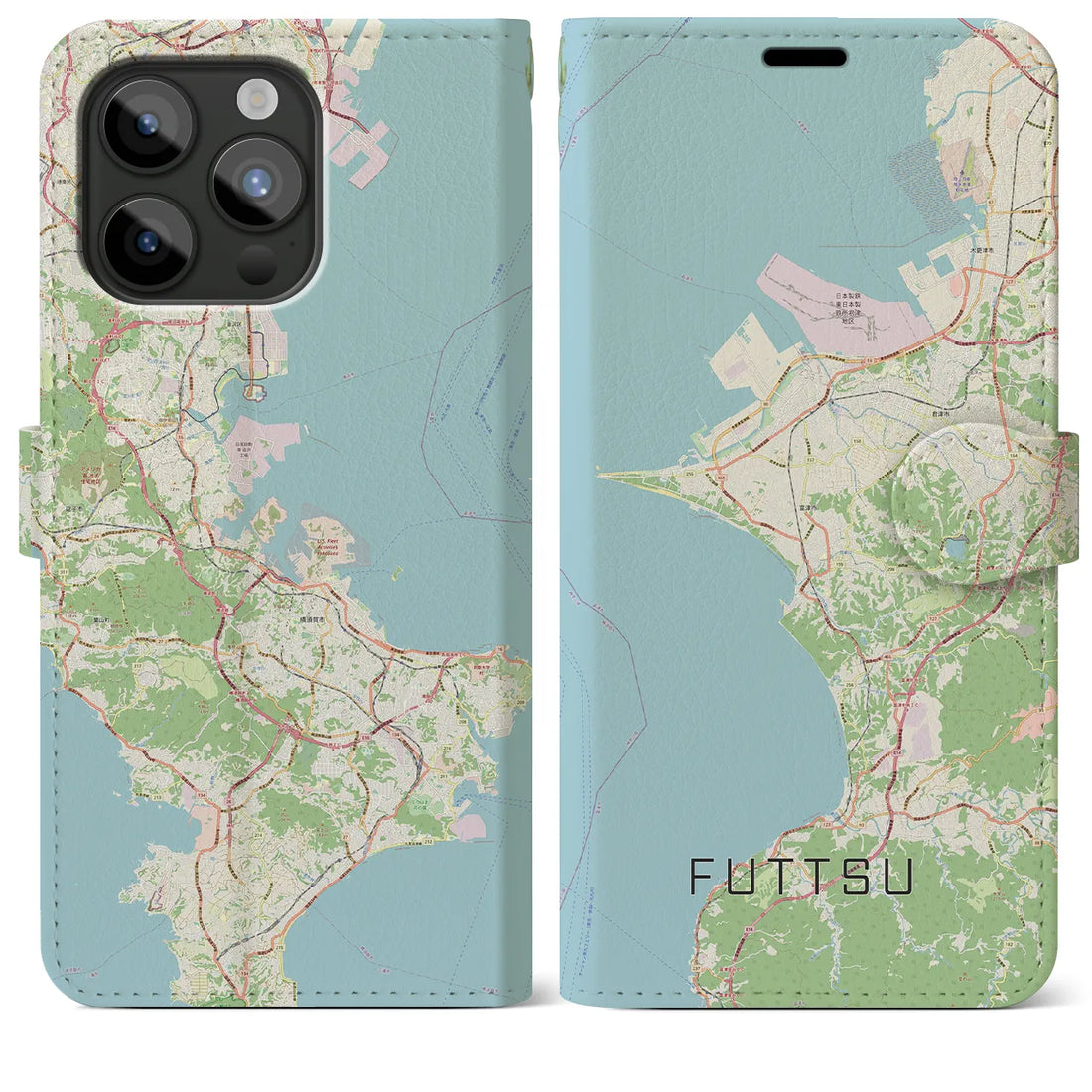【富津】地図柄iPhoneケース（手帳両面タイプ・ナチュラル）iPhone 15 Pro Max 用
