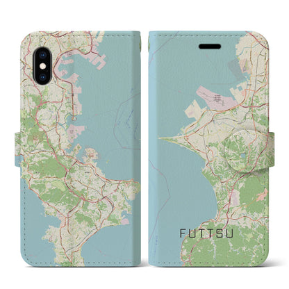 【富津（千葉県）】地図柄iPhoneケース（手帳タイプ）ナチュラル・iPhone XS / X 用