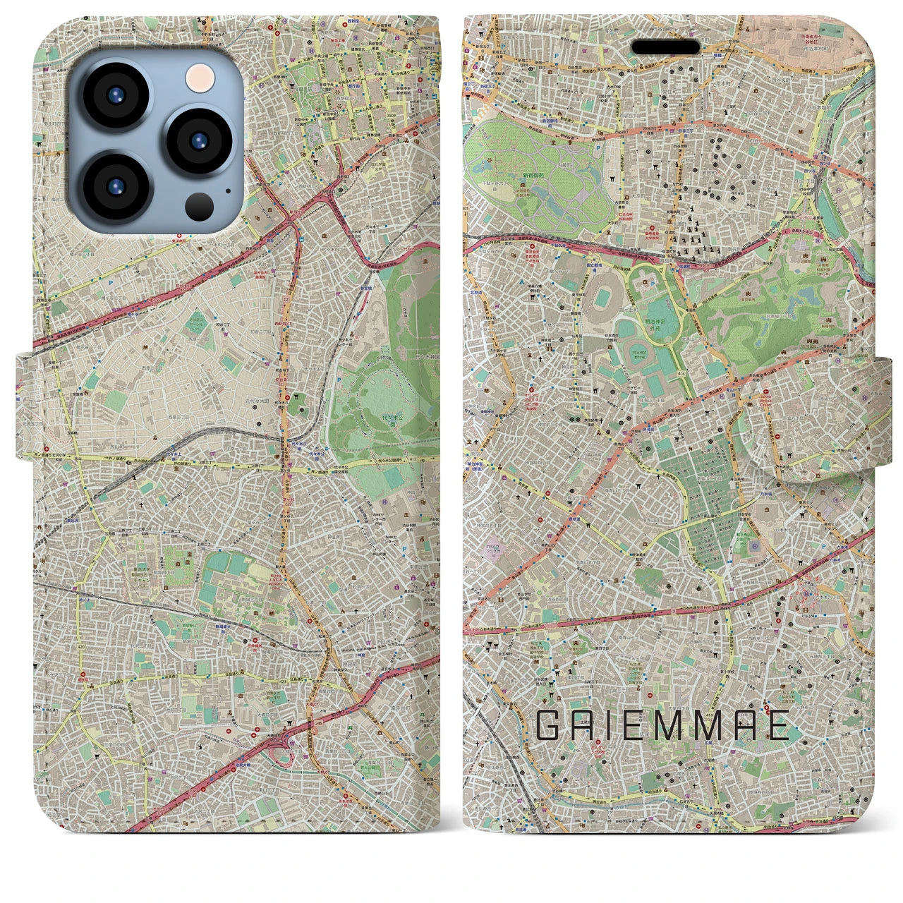 【外苑前】地図柄iPhoneケース（手帳両面タイプ・ナチュラル）iPhone 13 Pro Max 用