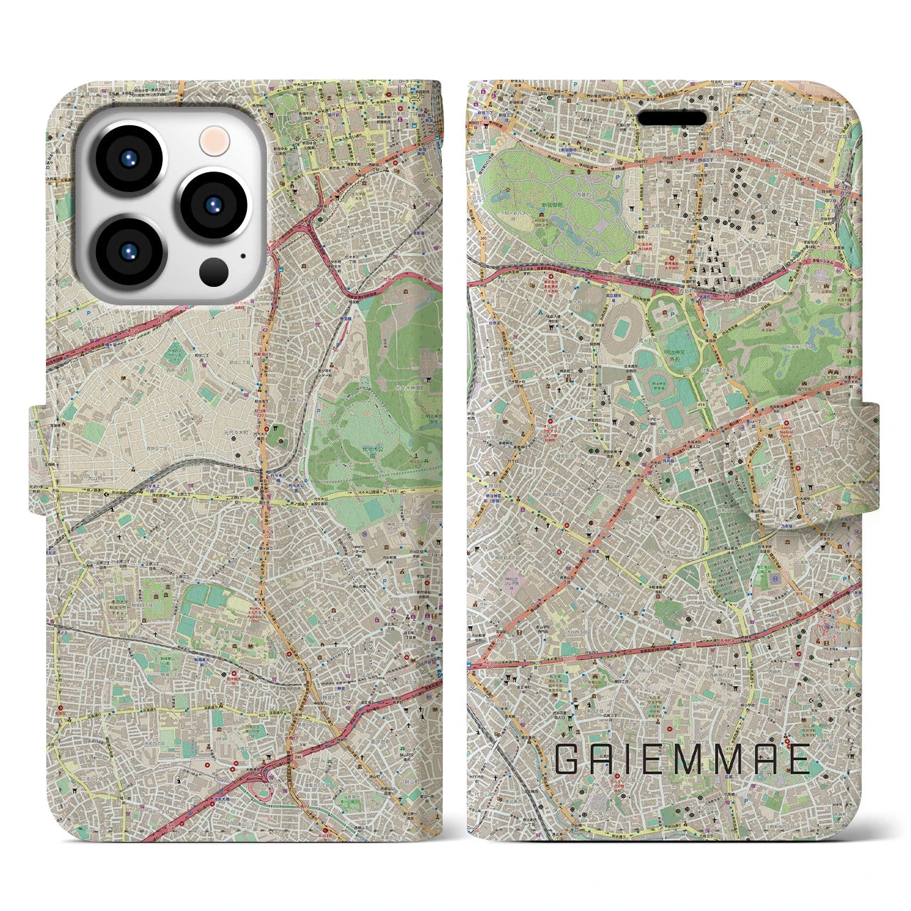 【外苑前】地図柄iPhoneケース（手帳両面タイプ・ナチュラル）iPhone 13 Pro 用